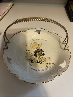 Holly Hobbie White Ceramic Floral Basket with Gold Handle and Yellow Accent